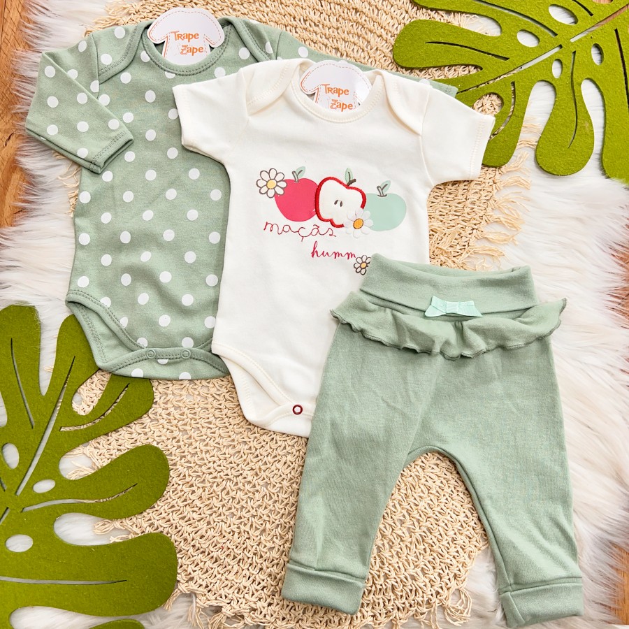 CONJ. DE MALHA 3 PEÇAS - Maçãs Humm - Off White e Verde